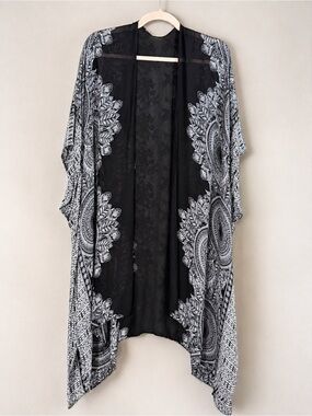 Black & White Mandala Kimono Duster | Boho Whimsigoth Sheer Long Cardigan